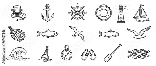 Collection of hand-drawn nautical and marine elements, including anchors, ships, fish, and waves, presented in a clean line art style