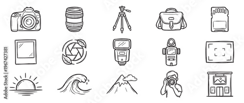 Collection of hand-drawn photography and nature-related icons in a simple, doodle style, featuring cameras, lenses, and outdoor elements