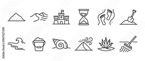 Collection of twelve simple black outline icons depicting various sand and beach-related objects and activities