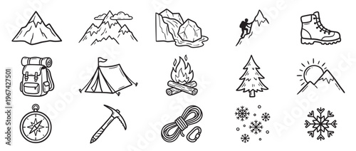 Various hand-drawn black and white icons representing outdoor adventure, camping, and mountaineering elements in a simple, doodle style