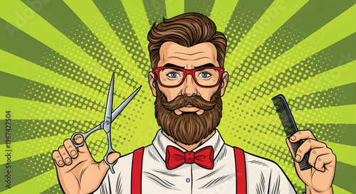 Vintage Hipster Barber Holding Scissors and Comb – Pop Art Style Barber Illustration