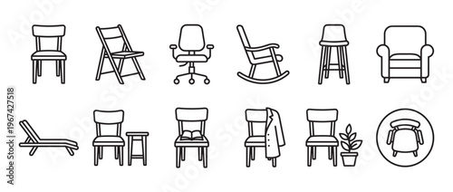 Collection of various outline chair icons, including a folding chair, office chair, rocking chair, and armchair