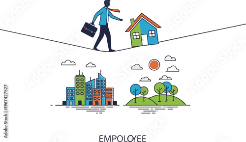 A cartoon illustration of a man balancing work and personal life