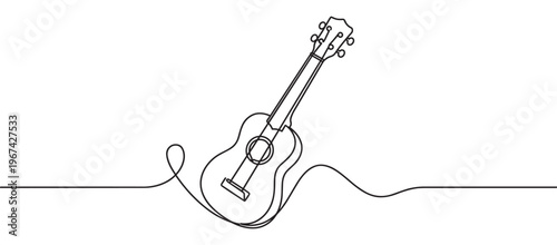 Single continuous line drawing of a classical acoustic guitar, featuring a simple, elegant black outline on a clean white field