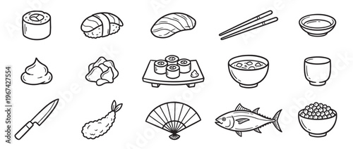 Collection of hand-drawn black and white Japanese food and culture icons, including sushi, sashimi, chopsticks, and a fan, presented in a clean, graphic style