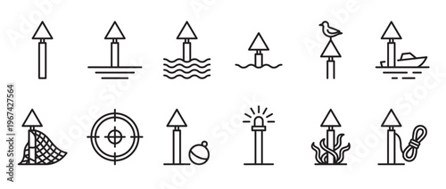 Collection of ten black outline icons depicting various nautical navigation buoys and related maritime elements