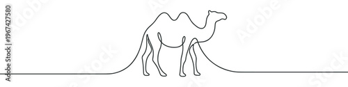 Simple continuous line drawing of a two-humped camel standing gracefully, rendered in a minimalist artistic style