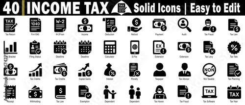 Income tax solid icons pack. Easy to edit, vector file. tax return, form 1040, W-2 form, income, deduction, refund, payment vector illustration.