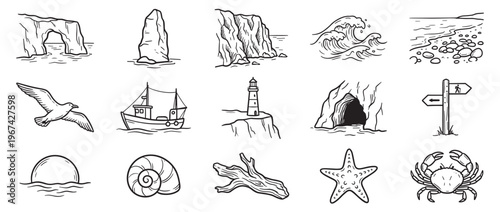 Collection of hand-drawn black and white line art icons depicting various coastal and marine elements