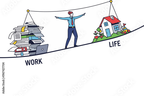 A man balancing work and life on a seesaw