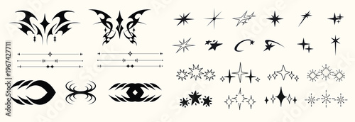 Y2K stars and Retrofuturistic symbols set with flashes, comets, and sparkles. Y2K-inspired vector pack for prints and clothing. Stylish cyber shapes and vaporwave vibe. Stars and flash. Vector set 