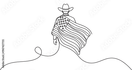 Man wearing a cowboy hat and an American flag draped over his shoulders is depicted in a continuous line art drawing