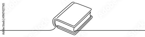 Simple black outline drawing of a closed book with a continuous line art style, viewed from a slightly elevated angle