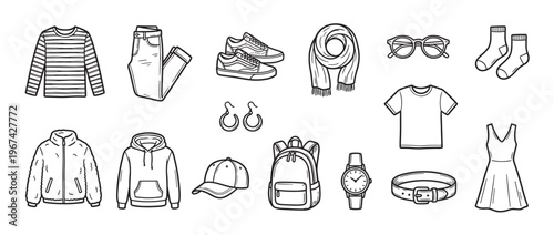 Collection of hand-drawn black and white outline illustrations depicting various clothing items and accessories in a clean, simple style