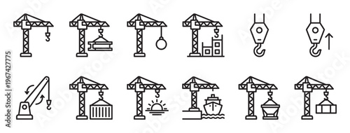 Collection of various black outline crane and hook icons illustrating construction, shipping, and industrial processes