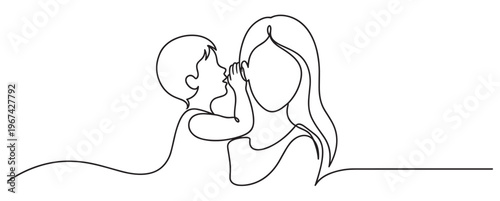 Continuous line drawing of a child whispering a secret into a woman's ear, depicting communication and trust