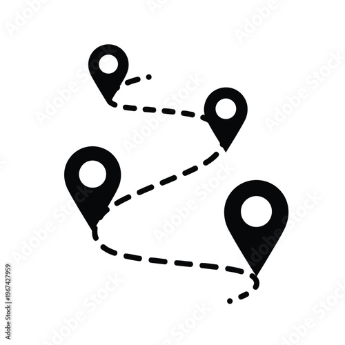 Route path icon with four map pins showing a journey or travel itinerary vector
