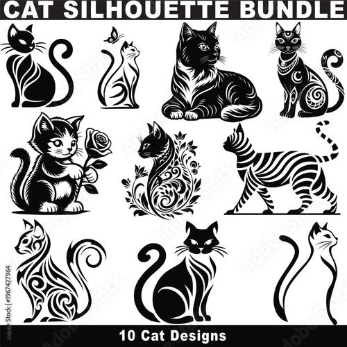 Cat Silhouette and Decorative Cat Logo Bundle