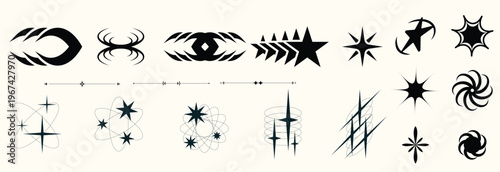 Y2K stars and Retrofuturistic symbols set with flashes, comets, and sparkles. Y2K-inspired vector pack for prints and clothing. Stylish cyber shapes and vaporwave vibe. Stars and flash. Vector set 