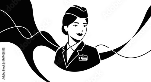 Airline hostess in uniform with badge and flowing hair design  