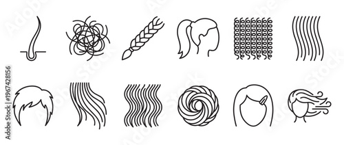 Various black outline hair icons are displayed in a grid, illustrating different styles and conditions with clear, simple lines