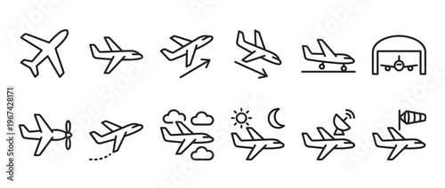 Collection of black outline airplane icons depicting various flight stages and aviation concepts, presented in a clean, modern style