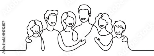 Diverse group of six smiling people, including adults and children, are depicted in a continuous line art illustration