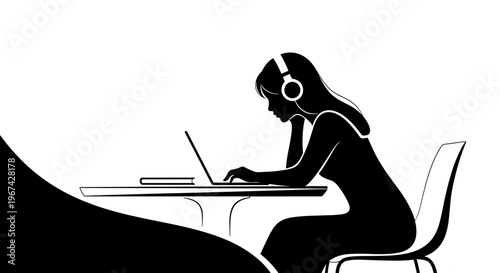 Young woman studying on laptop while wearing headphones at table  