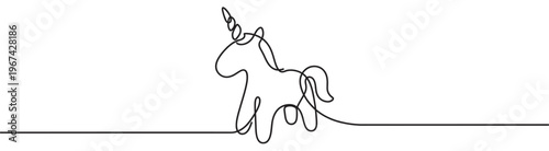 Black continuous line drawing of a magical unicorn with a horn, depicted in a minimalist artistic style