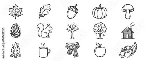 Collection of fifteen black outline autumn and fall season icons, including leaves, animals, and harvest items, presented in a clean, simple vector style