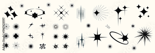 Y2K stars and Retrofuturistic symbols set with flashes, comets, and sparkles. Y2K-inspired vector pack for prints and clothing. Stylish cyber shapes and vaporwave vibe. Stars and flash. Vector set 