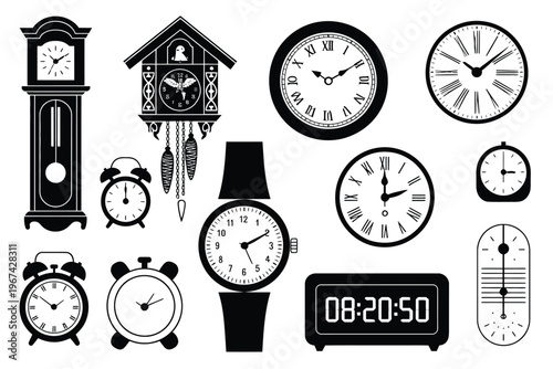 Diverse timekeeping devices collection including clocks, hourglasses, and wristwatches, black and white vector illustration set for schedules, time management, and design projects