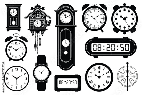 Diverse timekeeping devices including clocks, hourglasses, and wristwatches, vector illustration set for time management, schedule, and vintage or modern design projects