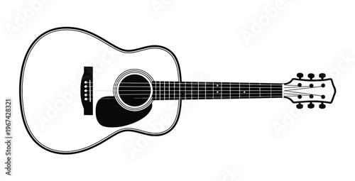 Hand drawn ukulele or small acoustic guitar in black and white line art style, simple vector illustration for music, instrument, and creative design use