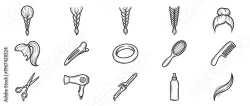 Various hand-drawn black and white hair styling tools and hairstyles are neatly arranged in a grid