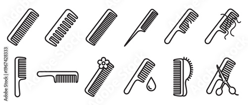 Collection of various black outline comb icons, including different styles and related hair care elements, presented as a graphic design
