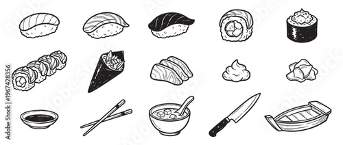 Collection of hand-drawn black and white sushi and Japanese food items, including rolls, sashimi, and condiments, in a doodle style