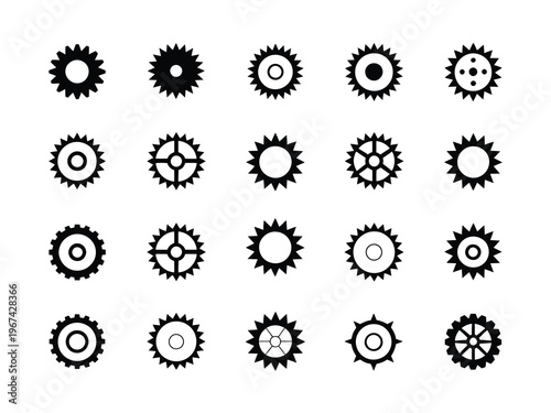 Collection of black and white mechanical gears and cogs, vector illustration set for engineering, industry, machinery, technology, and mechanical design projects