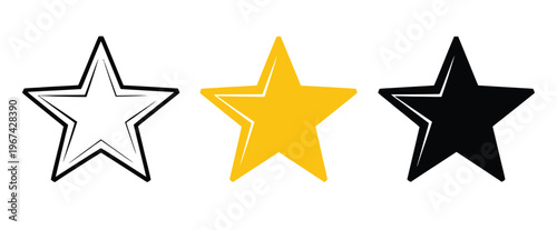 Three stylized star shapes in outline style with yellow and black symbols, black and white vector illustration for icons, badges, logos, and decorative design projects