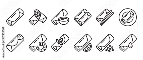 Collection of twelve black outline spring roll icons, each depicting a different variation or accompaniment, presented in a clean, graphic style