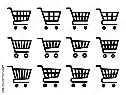 Black shopping cart icons collection in multiple perspectives and orientations, vector illustration set for ecommerce, retail stores, online shopping, and digital interface design