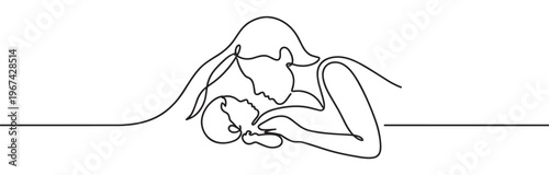 Beautiful minimalist continuous line art drawing depicts a loving mother embracing her newborn baby with tenderness