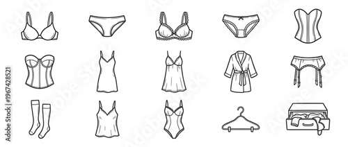 Collection of various hand-drawn line art lingerie and underwear items, including bras, panties, corsets, and robes, presented as an icon set