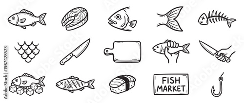 Various black and white hand-drawn fish and seafood icons are arranged neatly in rows, depicting different aspects of fishing and cooking