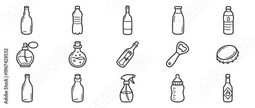 Collection of various hand-drawn bottle and container icons, including perfume, potion, and beverage bottles, presented in a simple line art style