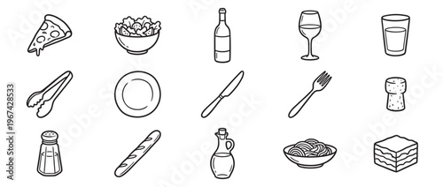 Collection of hand-drawn black and white icons representing various Italian food items and dining utensils in a simple, clean style