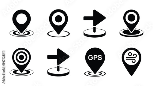 Collection of various black location pin and map marker icons, vector illustration set for navigation, GPS, maps, travel, and app interface design projects
