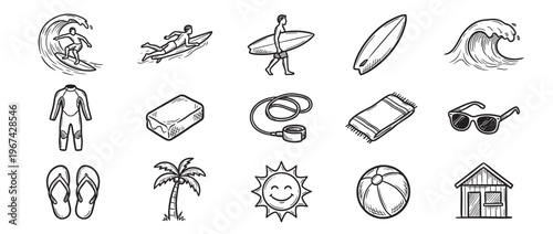 Hand-drawn doodle style surfing and beach vacation icons collection, featuring various elements like surfers, waves, and summer accessories
