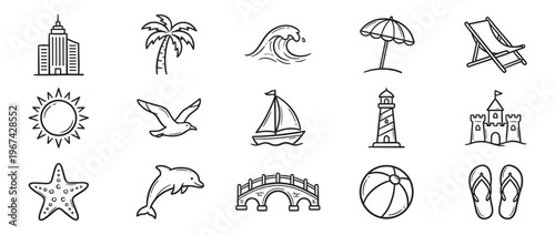 Collection of fifteen hand-drawn black and white summer and travel themed icons, including a skyscraper, palm tree, wave, umbrella, deck chair, sun, seagull, sailboat, lighthouse,