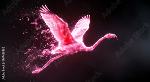 Pink glowing flamingo in flight with sparkling effects